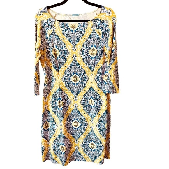 J. McLaughlin Women's Size M Dress Catalina Cloth Stretch Yellow Blue Damask - Picture 1 of 9